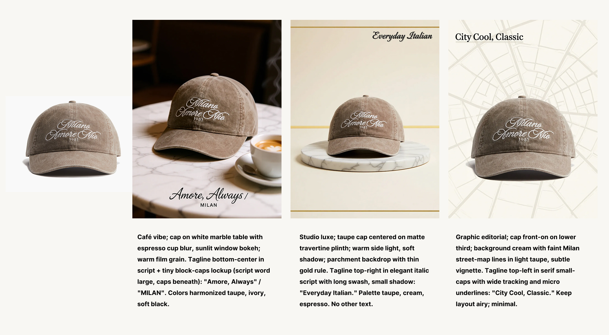 Cap campaign: café vibe, studio luxe, city map graphic