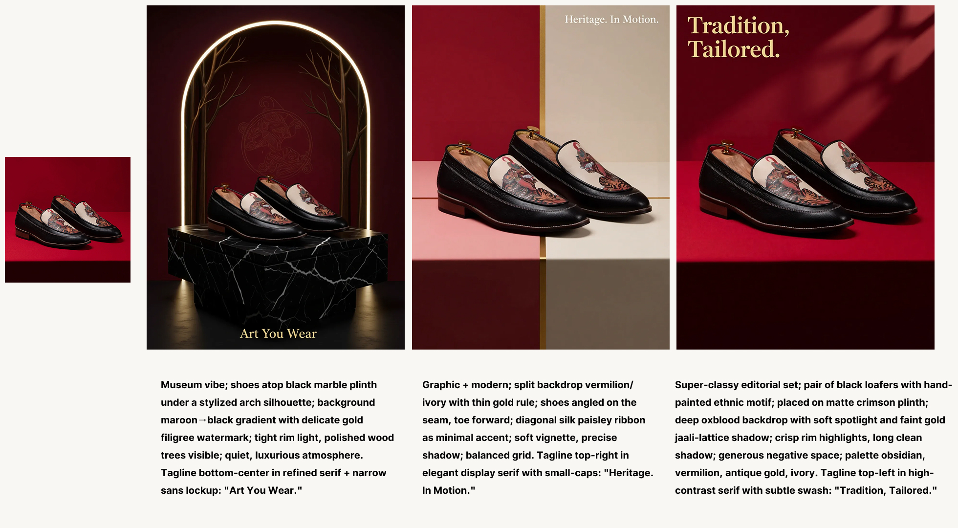 Heritage loafers: museum stage, split modern, crimson luxury
