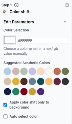 Color swap parameters: color picker, suggested palette, apply to background only