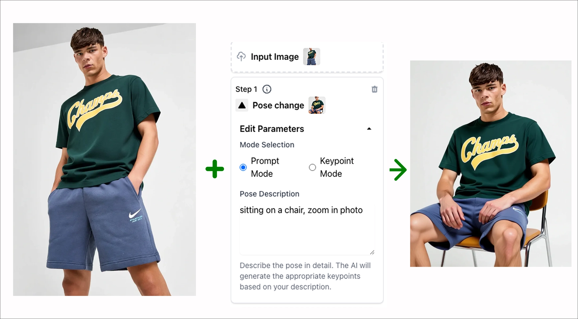 Pose Change maintains fit, folds, and perspective