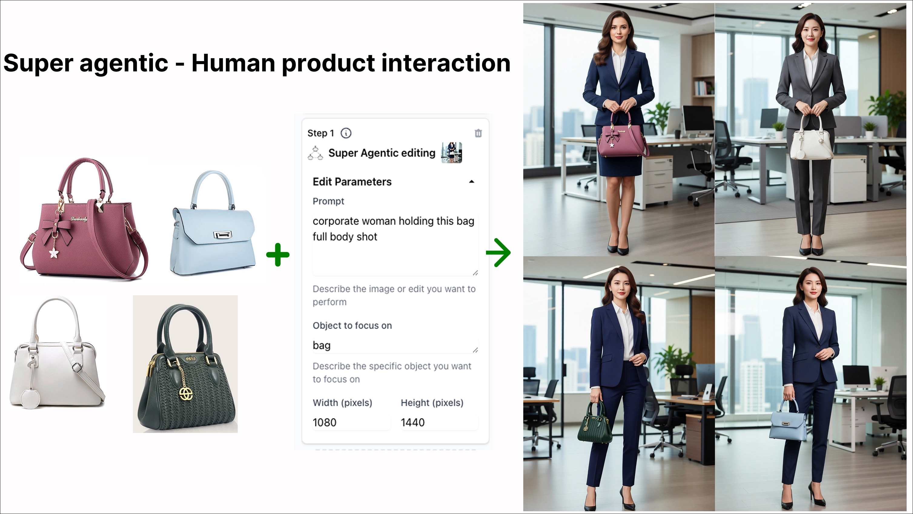 Full-body office personas holding different bags