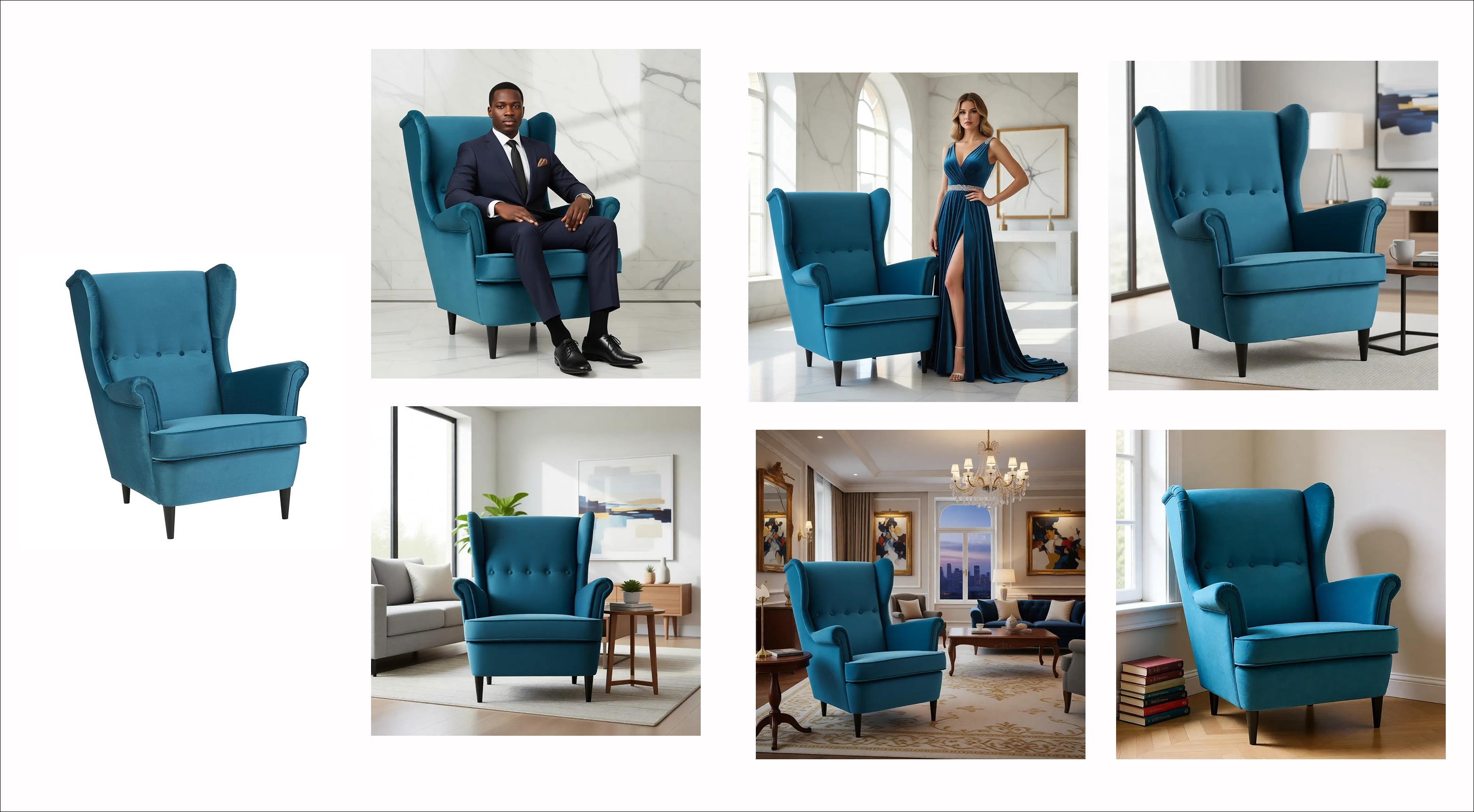 Furniture: teal wingback chair with seated and room variations