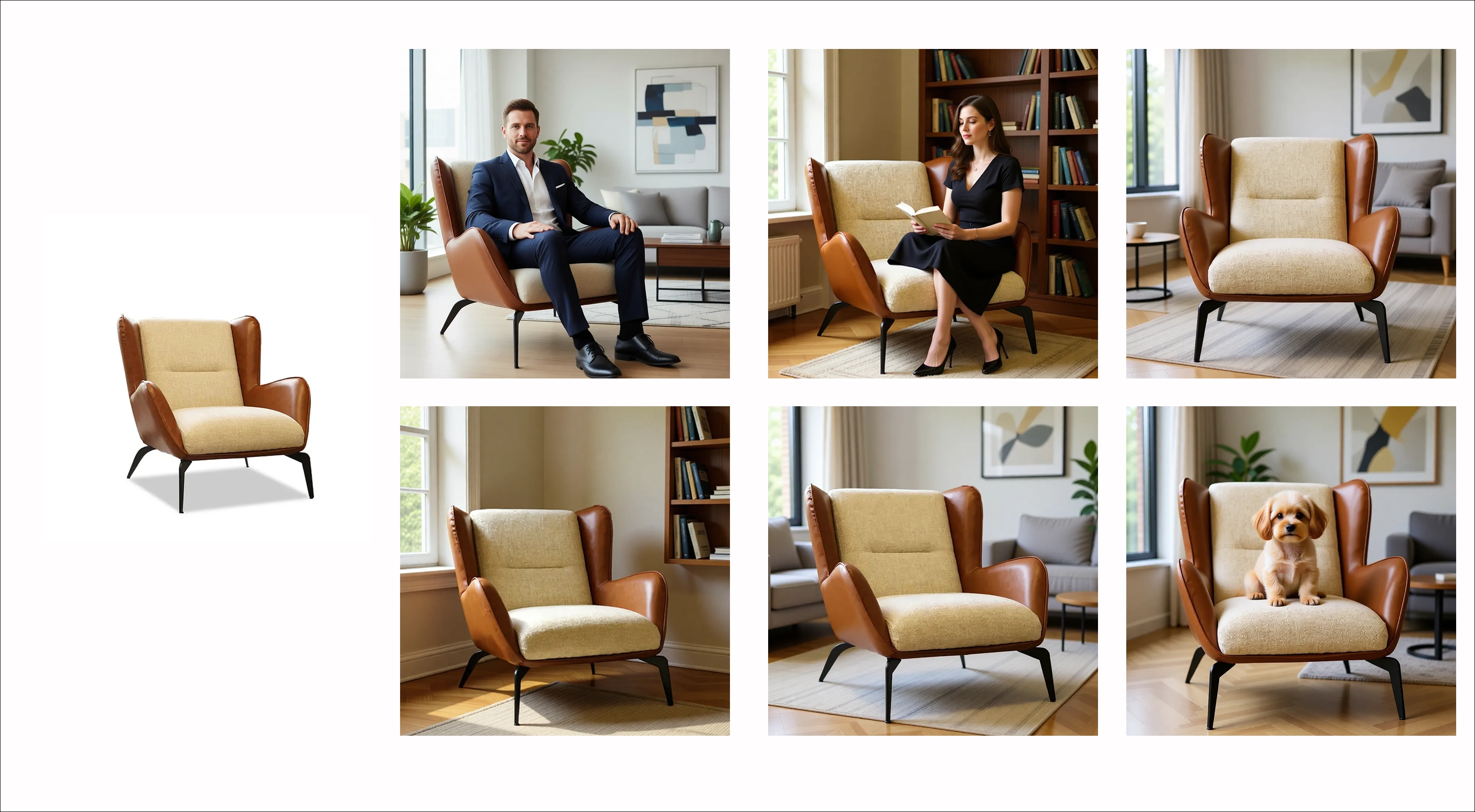 Furniture: brown leather and fabric chair set with people and pet