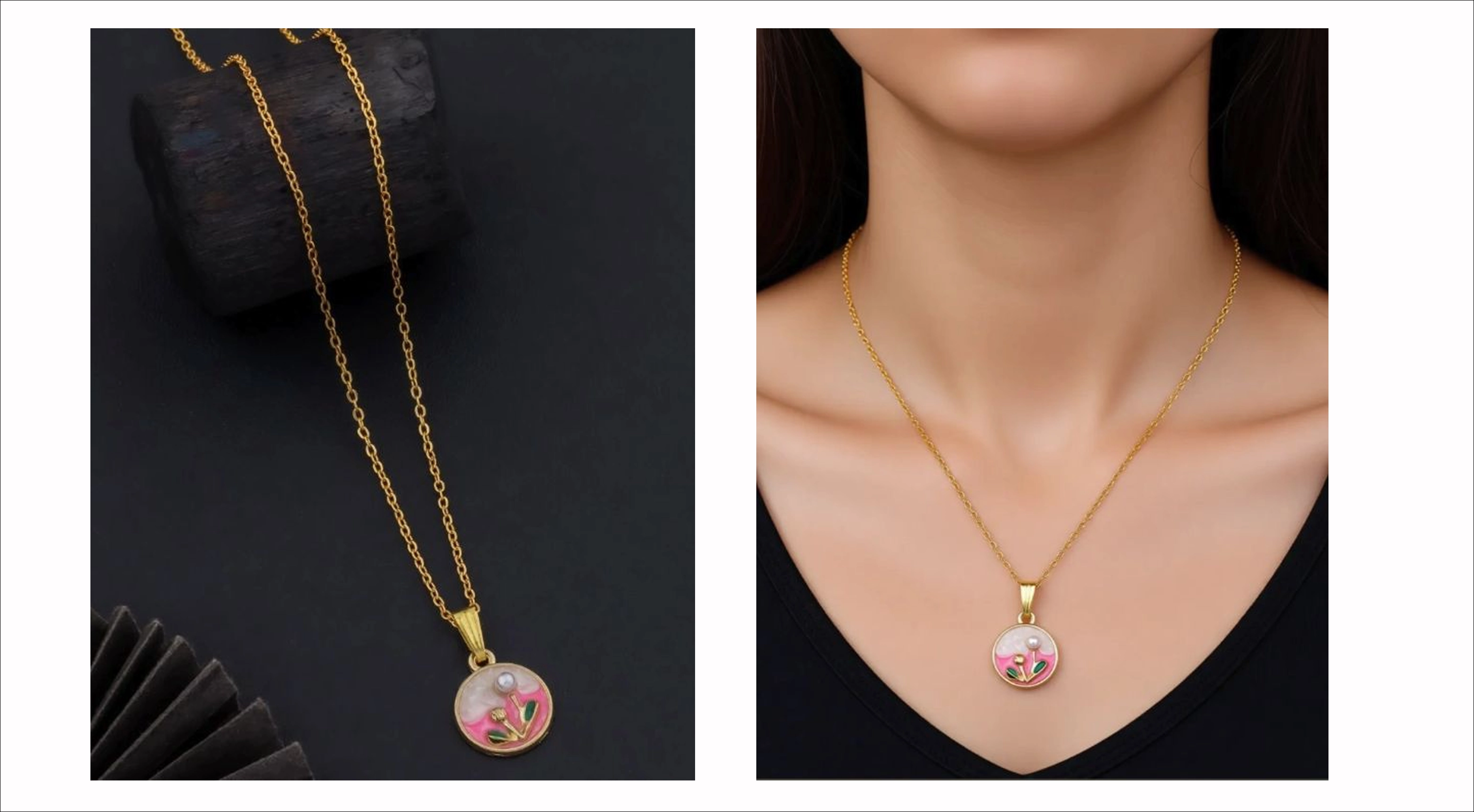 Jewelry product-only still with pendant on black sweep and try-on comparison