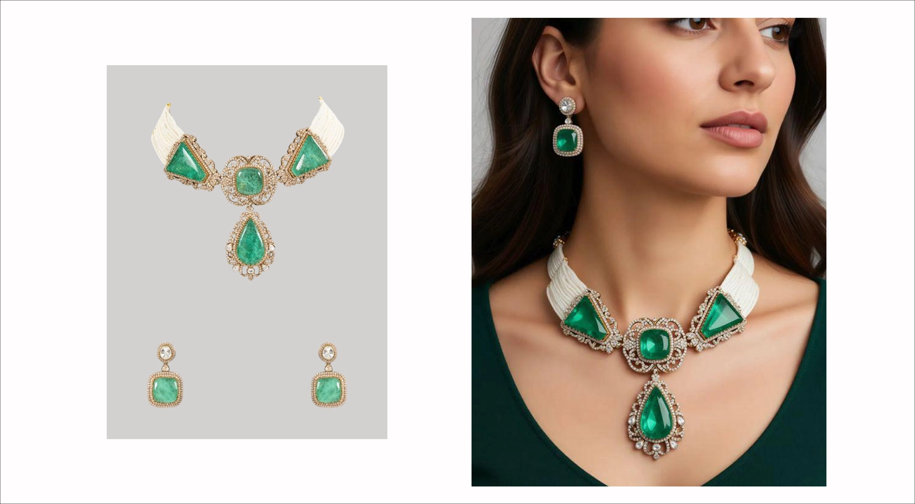 Jewelry set moving from flat lay to on-model portrait