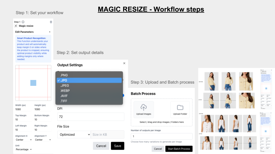 Magic resize workflow: Step 1 parameters, Step 2 output settings, Step 3 batch processing